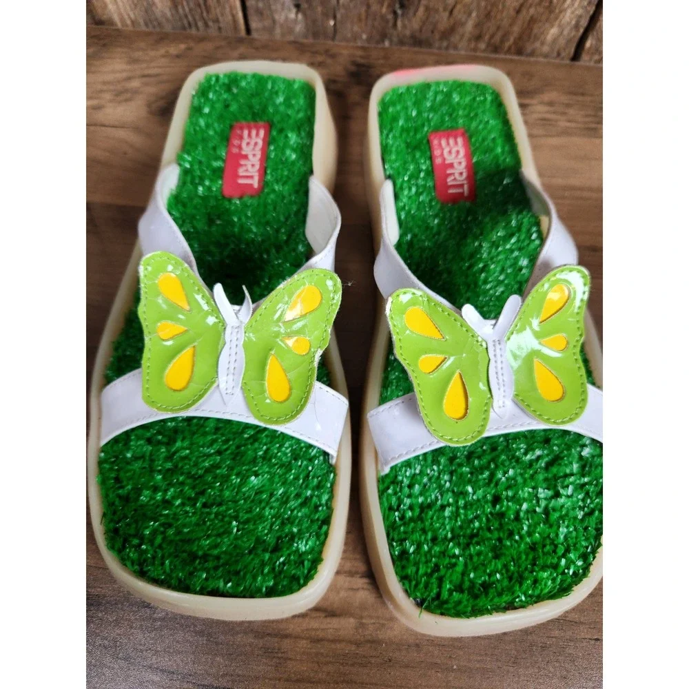 Vintage 90s Esprit Kids Butterfly Grass Sandals White Green Flip Flops 3